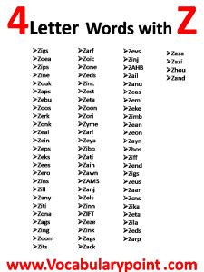 4 letter words with z and v.
